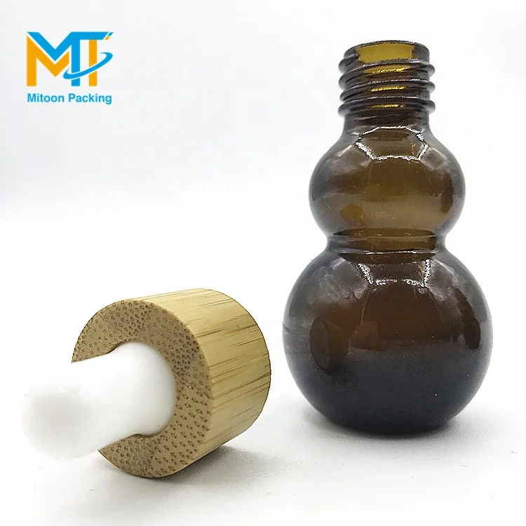 luxury unique design 10ml amber double gourd shape glass essential oil dropper bottle with bamboo lid