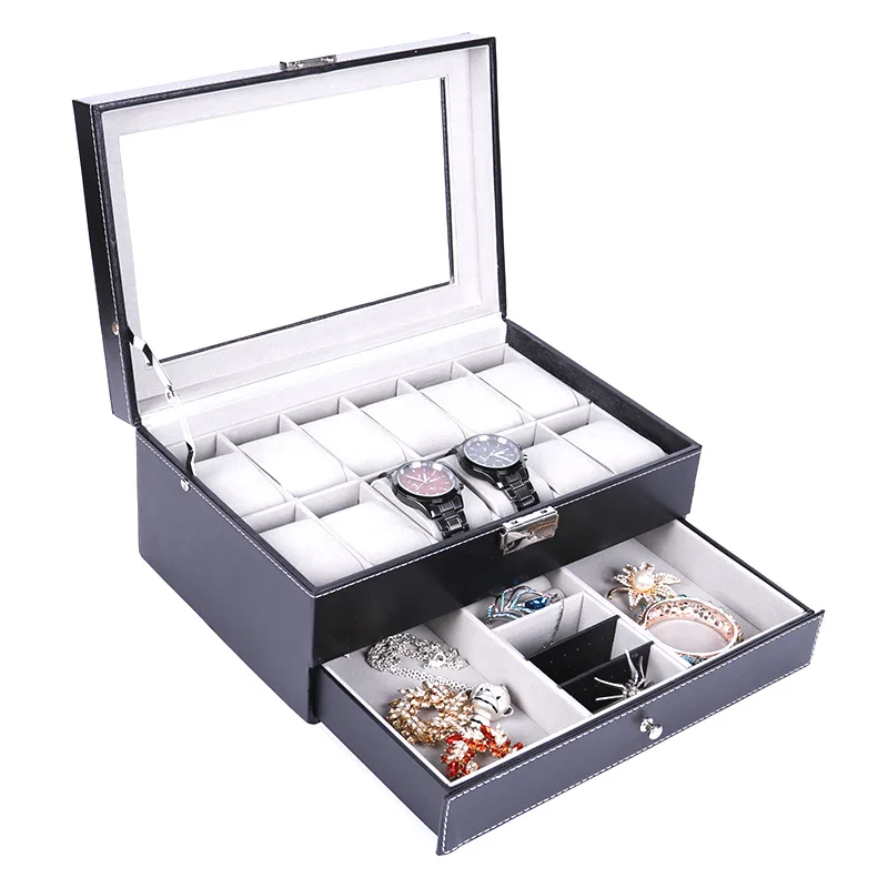 
New Design Custom Logo Luxury Leather 12 Slots Double Layer Jewelry Watch Box With Glass Winder 