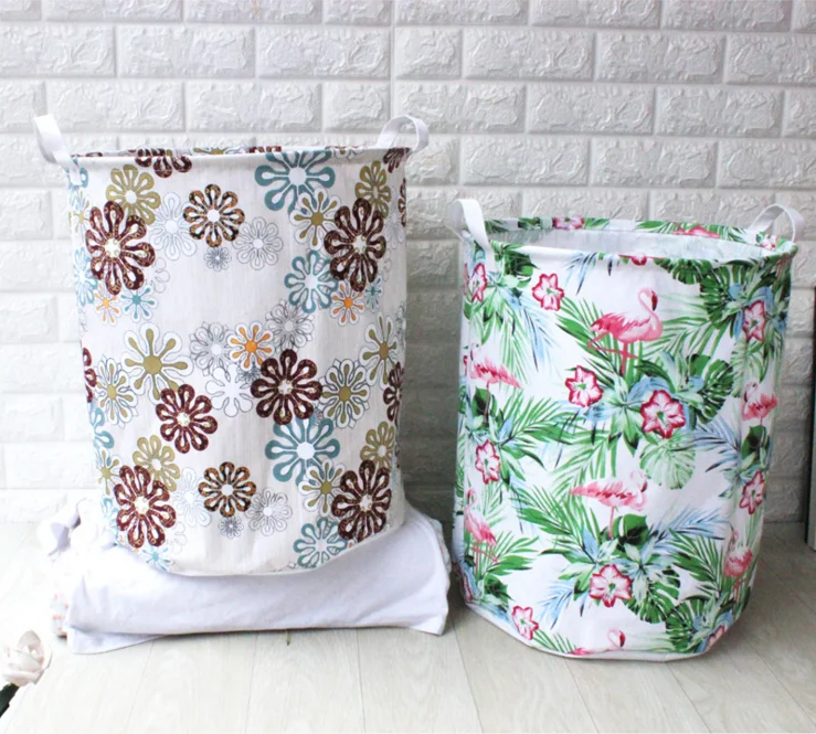Leaves and Flower Printing Household Foldable Laundry Hamper Storage Basket Fabric