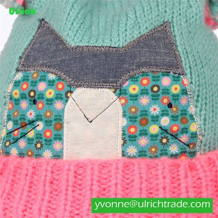 KR167 Fashion knitted green patchwork embroidered kid knit cap