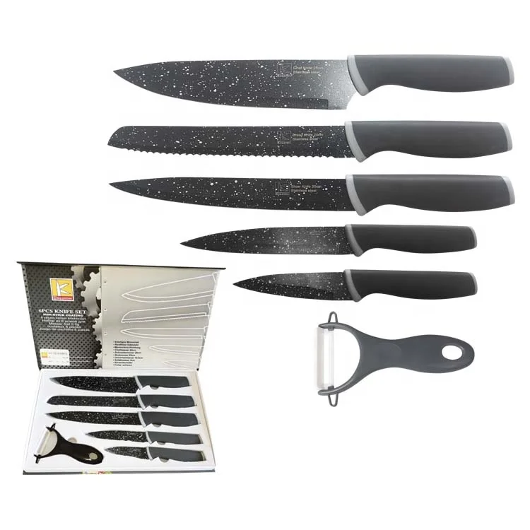 6 pcs swiss line marble nonstick coated stainless steel kitchen knife set with gift box package