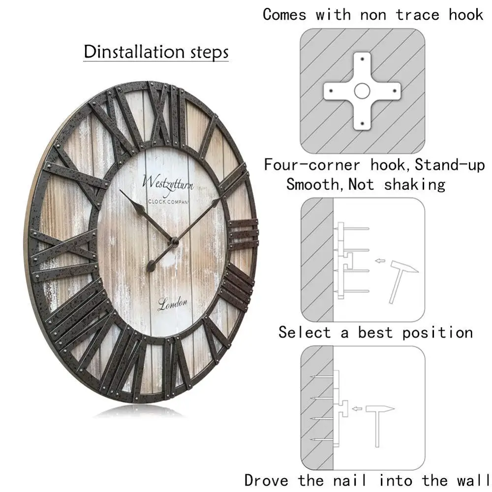 Rustic Big Clocks for Living Room Decor Kitchen Indoor Mantel Quartz Movement Silent Round Huge Wood Clock Vintage Art 18 inch