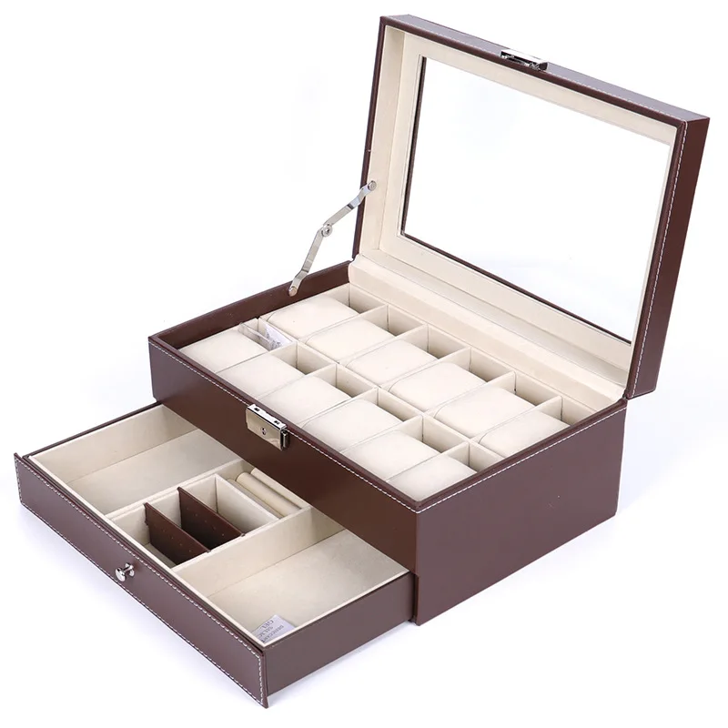
New Design Custom Logo Luxury Leather 12 Slots Double Layer Jewelry Watch Box With Glass Winder 