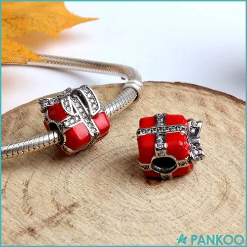 Custom christmas jewelry new year gift pure 925 sterling silver red enamel charm box ornaments with beads for DIY bracelet