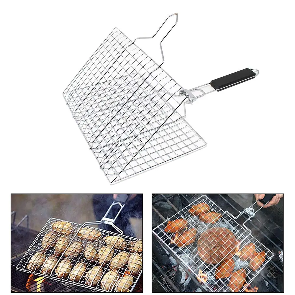 Portable Stainless Steel BBQ Grilling Basket with Wood Handle