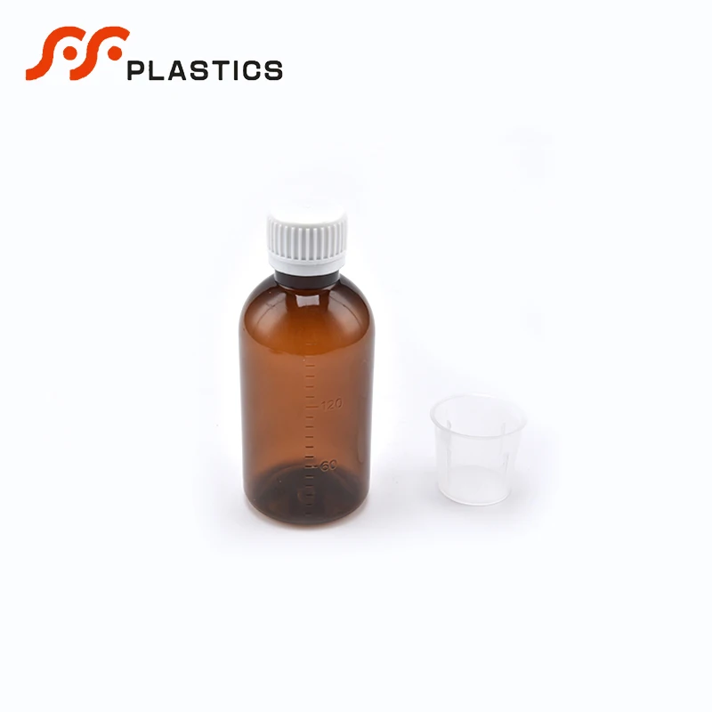 Food grade medical safe seal liquid packaging amber bottle factory wholesale measuring cup cough syrup brown plastic bottle