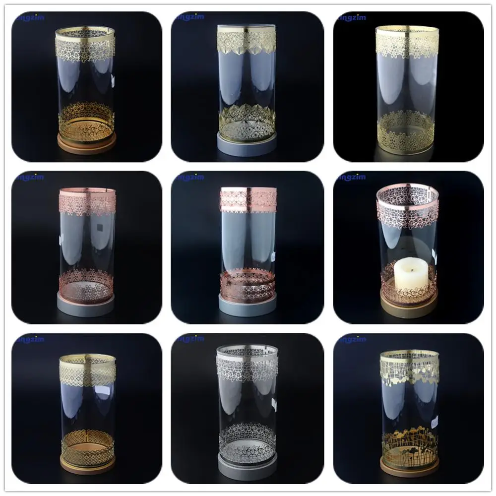 Customized metal lace decor tall large vase cylinder glass rotary candle holder for wedding table centerpieces