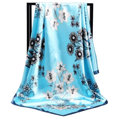 Newest 90*90cm Gerbera jamesonli Floral square large100% Polyester cheap satin scarf for women stylish