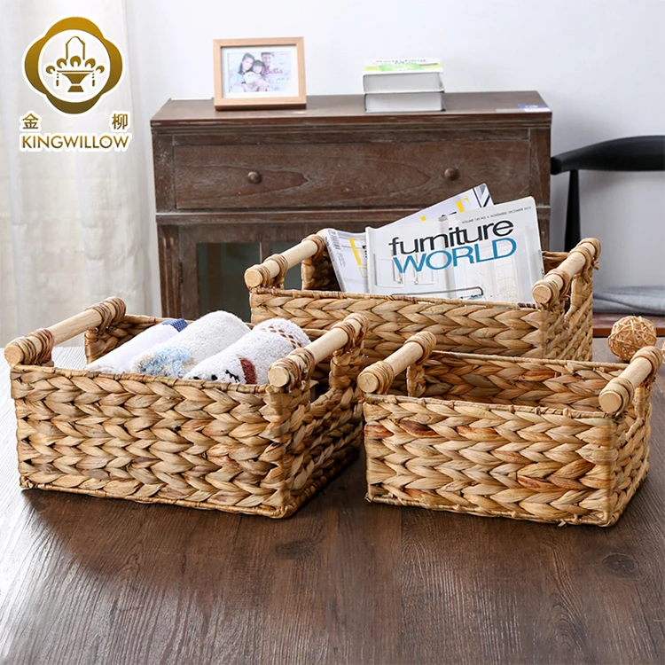Hot selling  water hyacinth storage basket  bin basket with Wooden handles