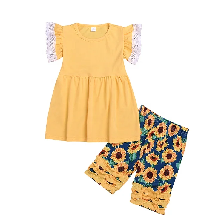 
Kids clothing baby clothes yellow ruffle dress daisy floral ruffle short pants shorts 2pc set baby girl clothing set 