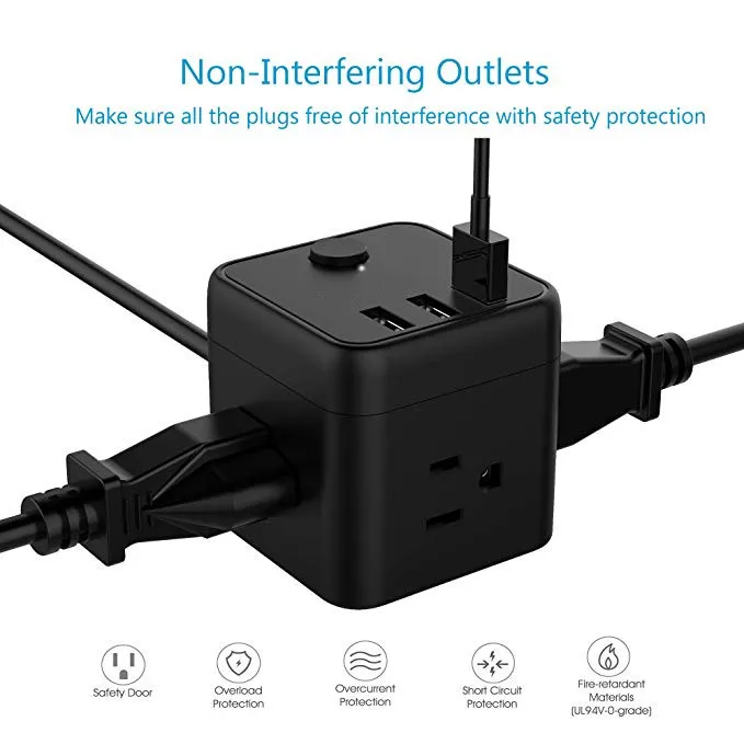 
Cube Portable Power Strip with 3 USB 3 Outlet Charging Station for Nightstand & Desktop & Travel - Black 