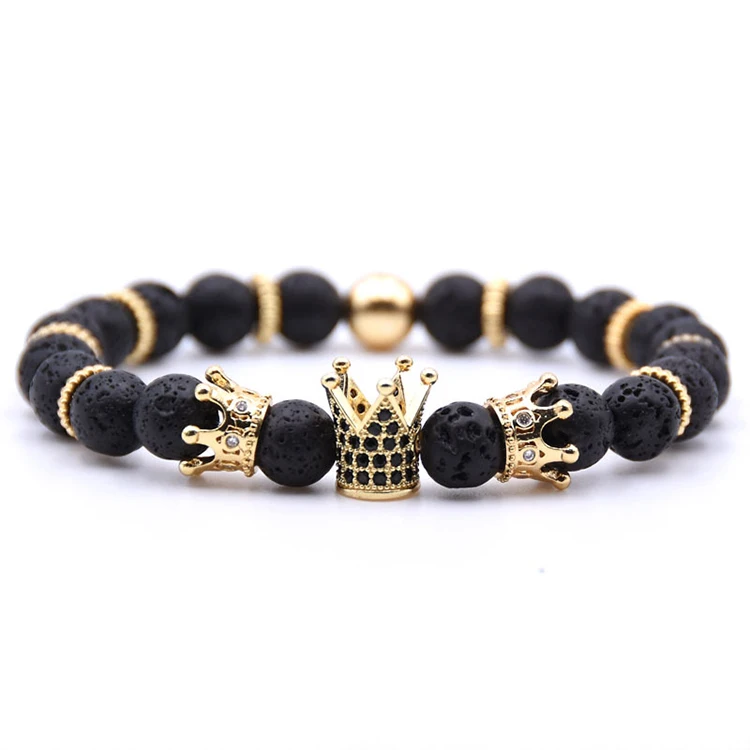 
Fashion Wholesale Natural Lava Gold King Crown Couple Beads Bracelets 