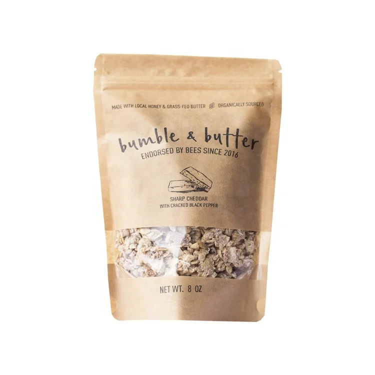 Custom Printed Doypack Resealable Zip Lock Brown Plastic Standing Up Pouches Packaging Bags With Clear Window And Zipper