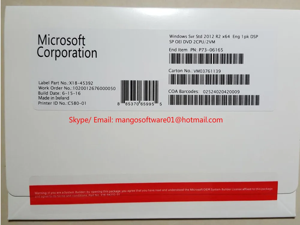 
Microsoft Windows Sever 2012 R2 Standard 64 bits DVD oem package Activation online 