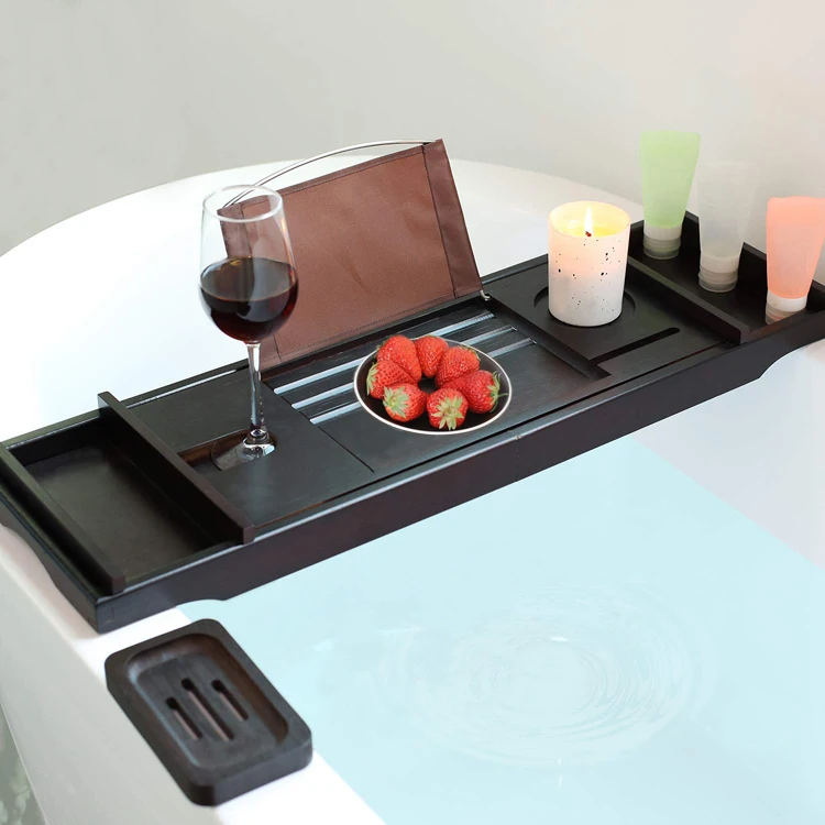 Luxury Black color Bath Bamboo Wooden Bathtub Caddy Tray