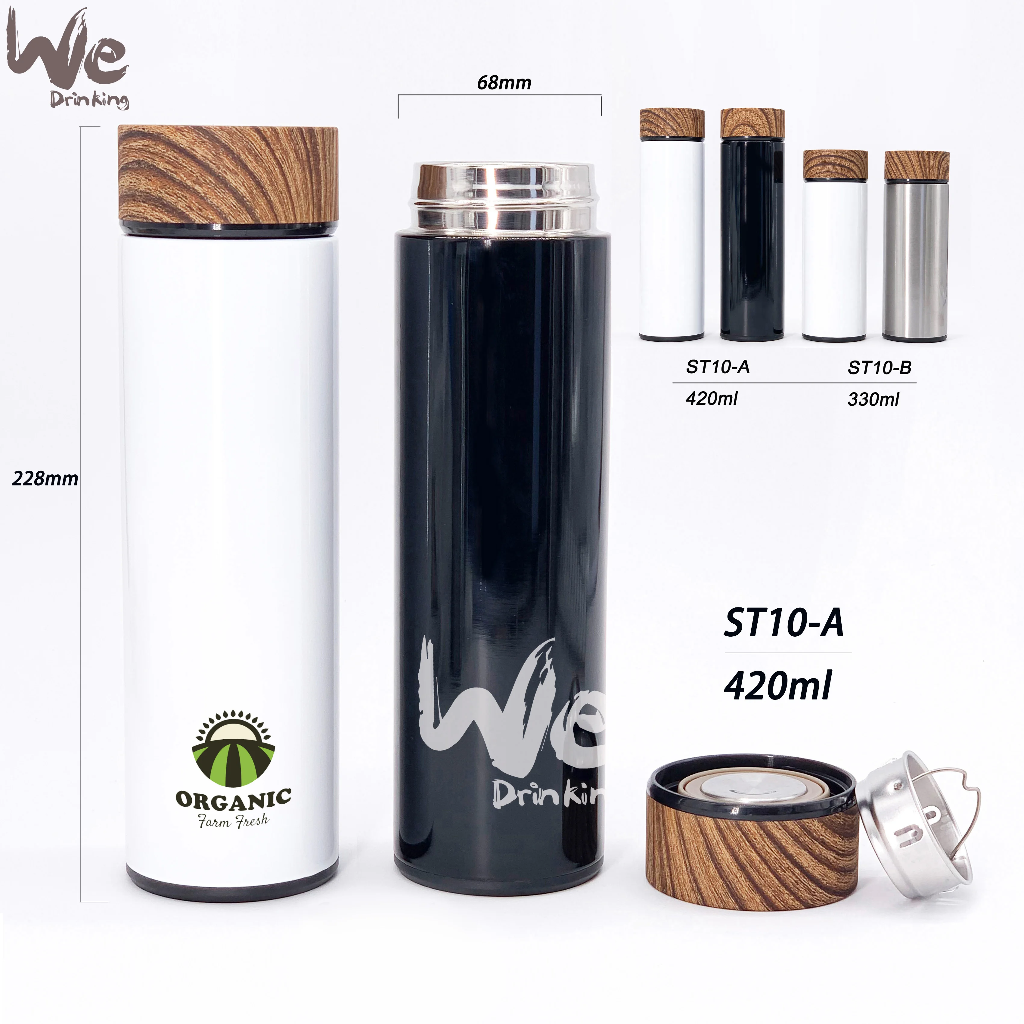 
ST10 420ml 15oz Wooden Lid 18/8 Stainless Steel Vacuum Flask with Infuser and Strainer 