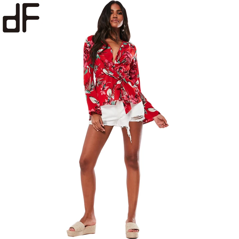 Custom Long Sleeve Blouse For Women Casual Fashion Office Ladies Wear Blouse V Neck Modern Red Floral Blouse