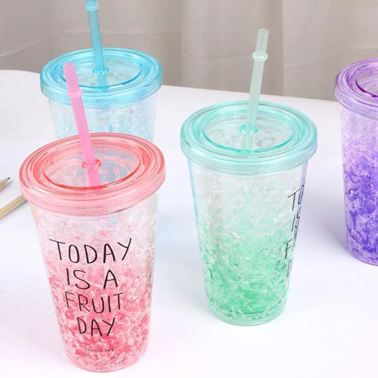 16oz Double Wall Mugs Gel Frosty Freezer Bottle Drinkware Beverages Ice Cold Plastic Tumbler Cup With Lid And Straws