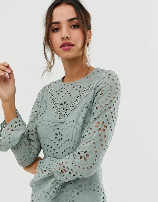 Round neck long fluted sleeves frill trims lined peplum  long lace ruched dress