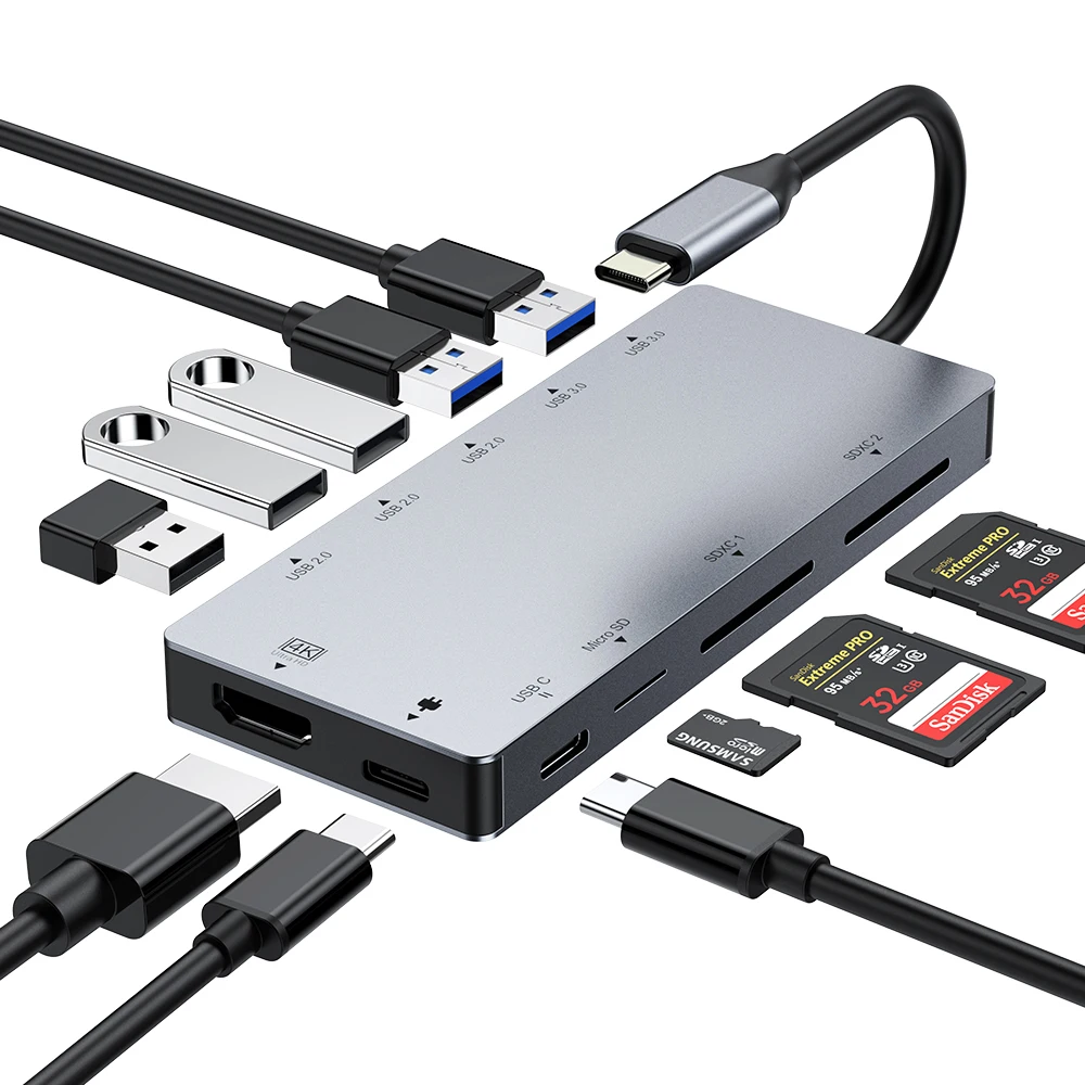 11 в 1 многопортовый Тип C hub адаптер питания к HD MI, USB 3,0, SDXC/TF кардридер