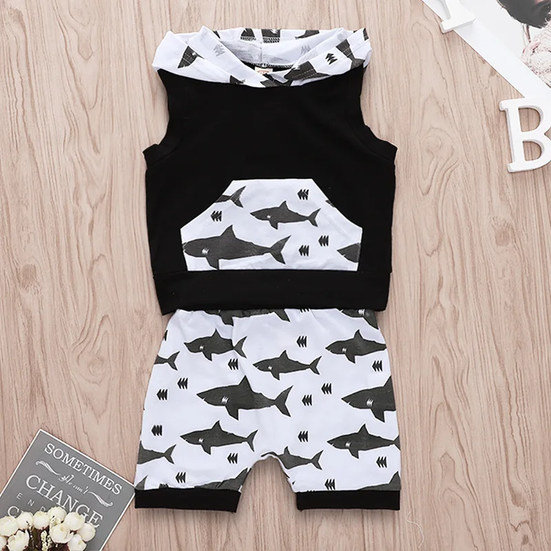 
2019 summer kids cotton shark print hoodies top tshirt & baby animal pp pants shorts 2pc set 