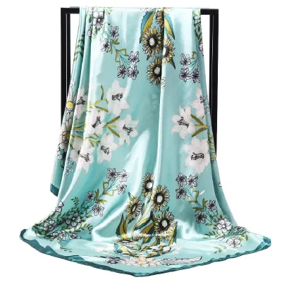 Newest 90*90cm Gerbera jamesonli Floral square large100% Polyester cheap satin scarf for women stylish