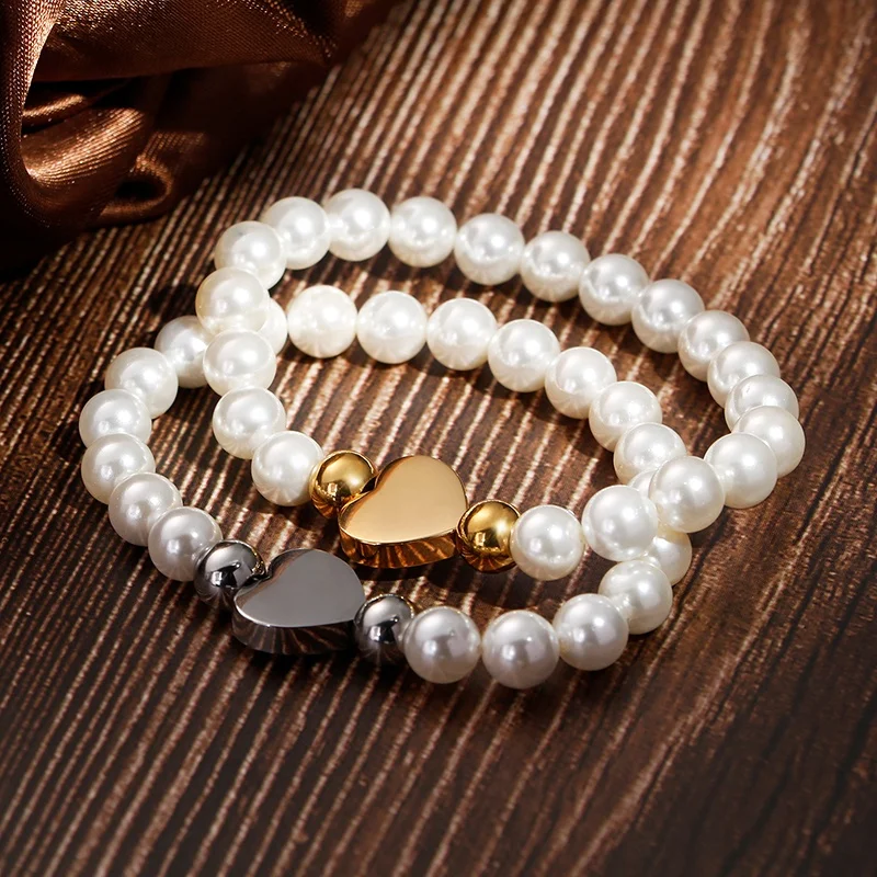 New Bulk Cheap Stainless Steel Gold Heart Charm Women Elastic 8mm Pearl Bracelet