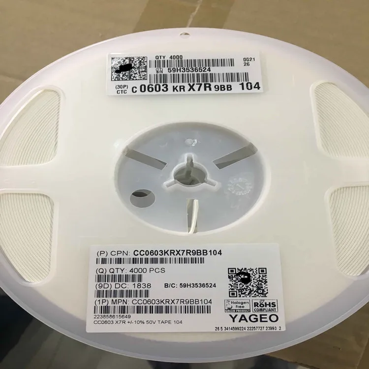 CC0603KRX7R9BB104 ceramic capacitor 0.1uF 50V X7R 10% pad SMD 0603 125