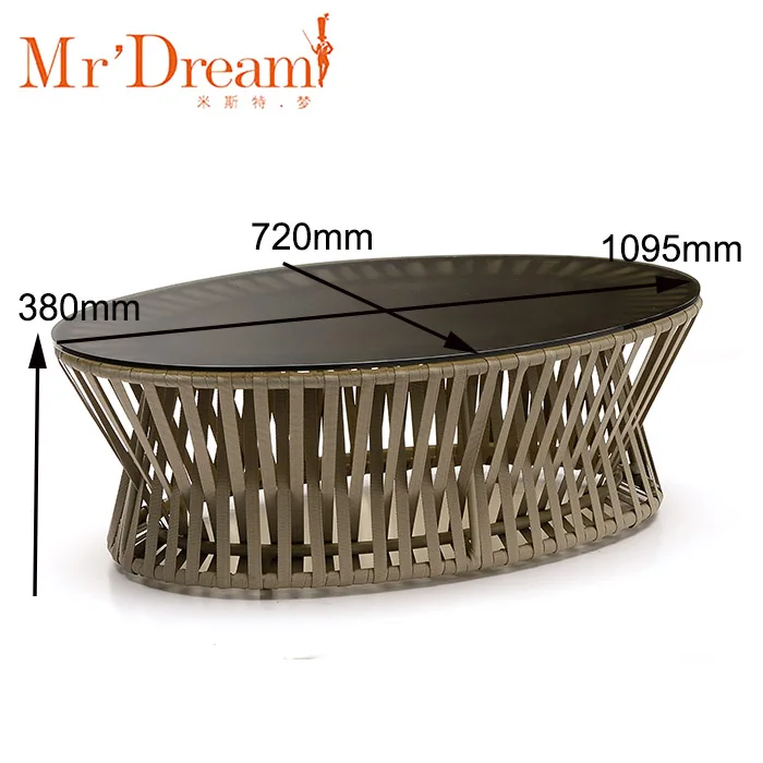 High quality industrial french turkish furniture living room glass top rope woven coffee table for patio