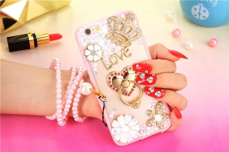 
Pearl encrusted phone cases luxurious with diamond mobile phone bags & case with strap for women for iPhone 