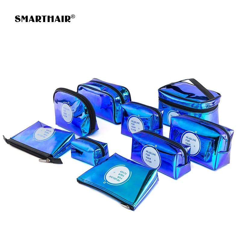 
Korean Blue Custom Make Up Holographic Makeup Bag Hologram With Glitter Zipper Rainbow Iridescent TPU Cosmetic Bag Wholesale 