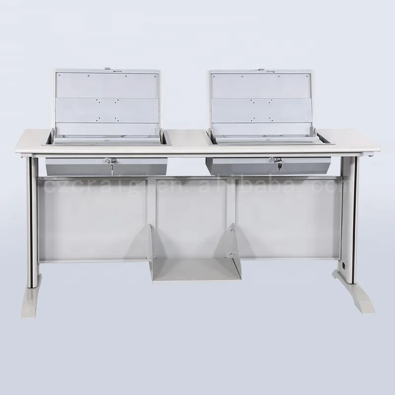 Manual double seat  student computer desk steel hidden monitor table