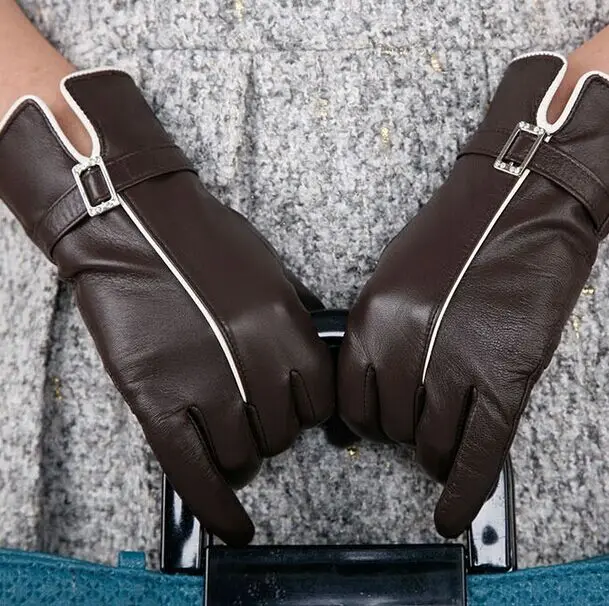 
 Женские коричневые Элегантные зимние кожаные перчатки  
