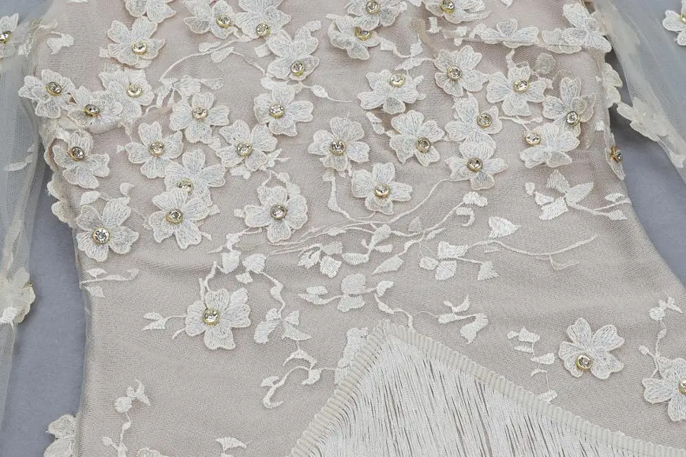 Nude Long Sleeve Lace Embroidery Floral Crystal Tassel Sexy Bodycon Dress 2019