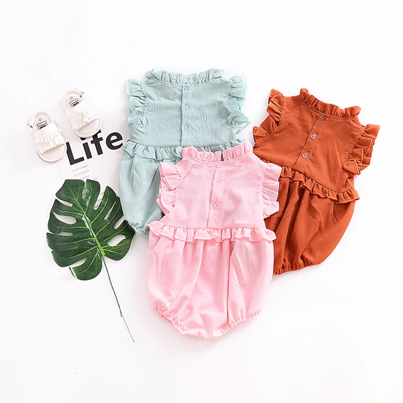 
Custom solid color Infant summer cotton lace collar sleeveless baby clothes romper girls 