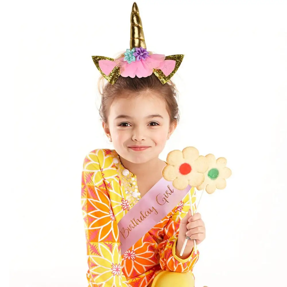 Pink Birthday Decorations Unicorn Party Supplies for Girls Banner Unicorn Cake Topper Unicorn Headband Sash Birthday Balloon