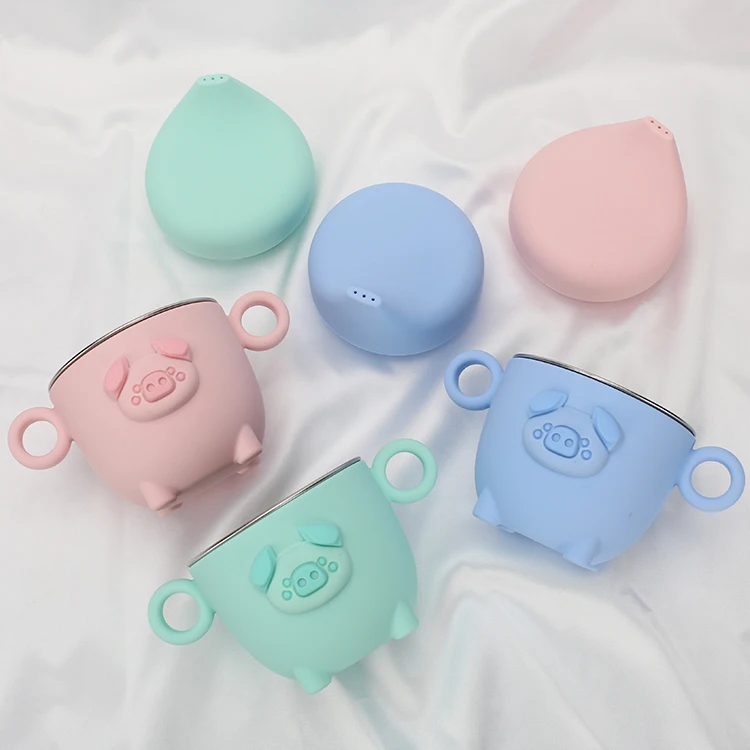 Children tableware cartoon mouth cup baby pig silicone 304 stainless steel Korean water cup with handle lid
