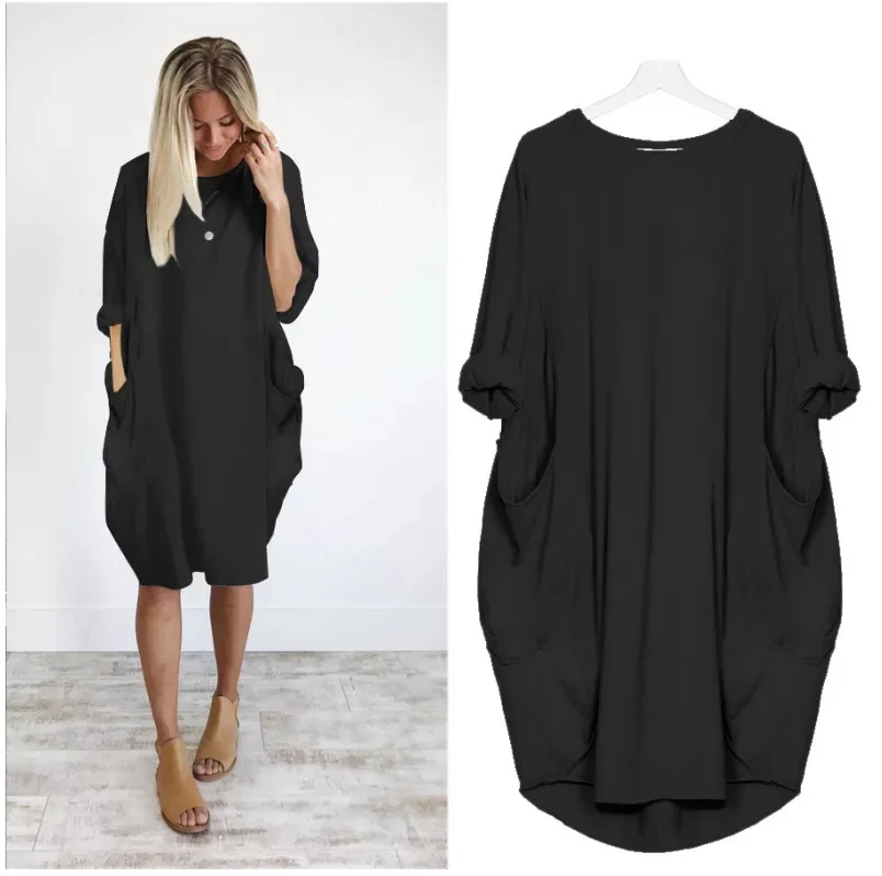 Supplier Casual Pocket Wholesale China for Ladies Women Loose Cotton + Polyester Knitted Woolen Plain Dyed Bow Long-sleeve Dress