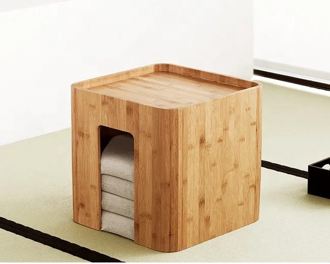 Bamboo Small Coffee Table Tatami Tea Table Storage Ottoman Living Room Furniture with 4 Cushions
