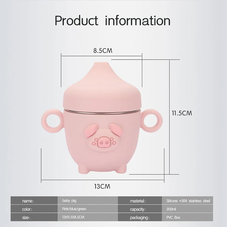 Children tableware cartoon mouth cup baby pig silicone 304 stainless steel Korean water cup with handle lid