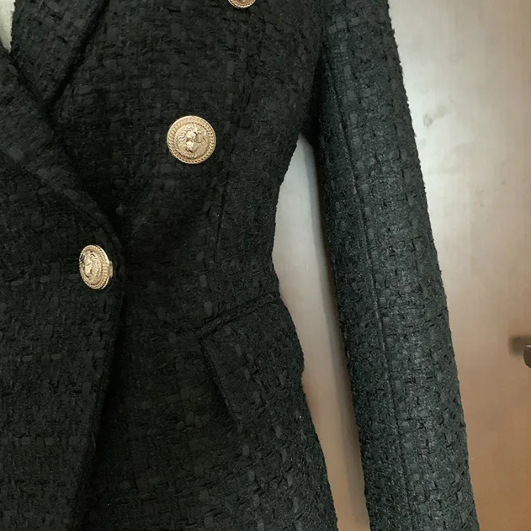 Wholesale long sleeved black blazer double breasted tweed jacket coat for work women