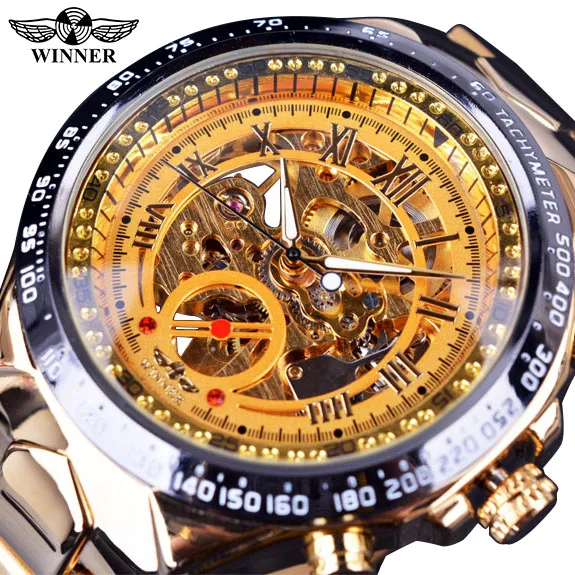 
Часы наручные WINNER Мужские автоматические, брендовые роскошные золотистые повседневные механические Спортивные в стиле милитари, полностью стальные  (62077481197)