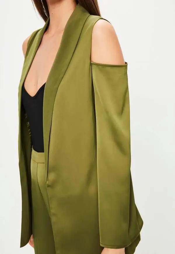 Women Clothing Shoulder Tie Waist Satin Blazer Green Tops And Pants Ladies Dresses Office