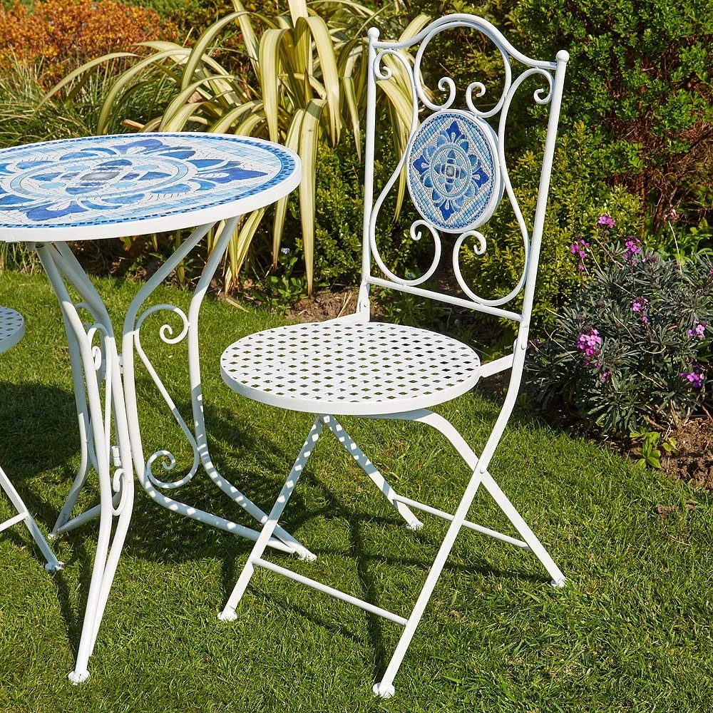 White Blue Mosaic Bistro Set Patio Garden Table and 2 Chairs