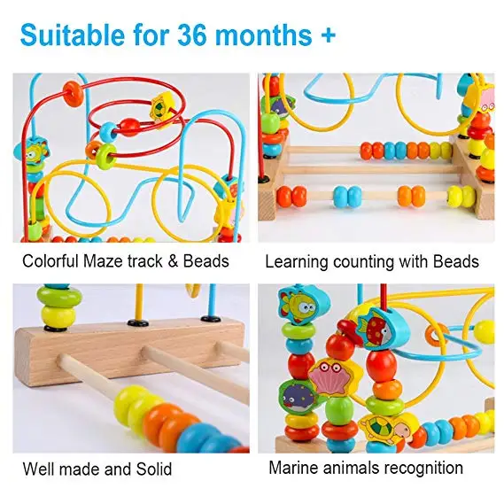 
Hot selling wooden insect cartoon pattern animal round wire colorful bead maze toys 