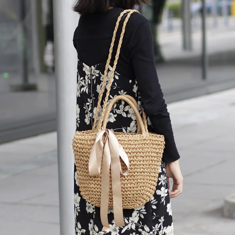 Summer Beach Straw Bag Handmade Hollow Out Women Drawstring Handbag Hand Bag Wholesale