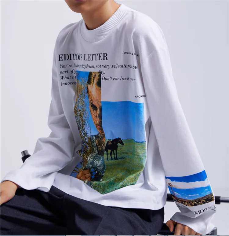 
Wholesale Printed Round Neck Long Sleeves women tops Ribbed hem plus size casual Women T-shirt 