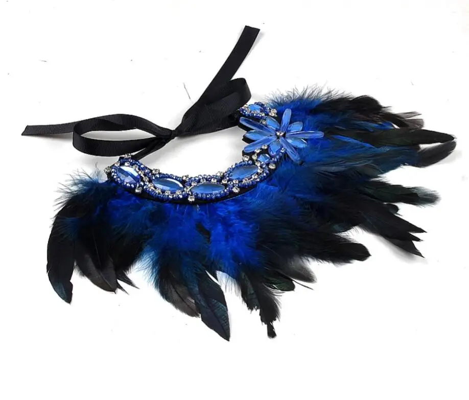 WIIPU Fashion Feather Ribbon Rhinestone Flower Pendant Necklace Women Crystal Choker Statement Necklace