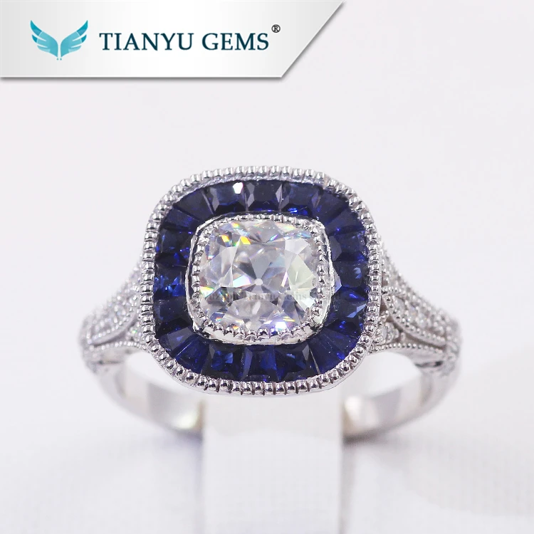 14 К/18 К мм 6,5*6,5mm подушку старая Шахта cut moissanite 34 # синтетический сапфир обручальное кольцо