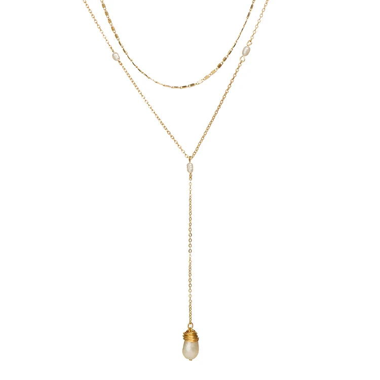 Elegant Long Gold Layered Wire Wrapped Baroque Pearl Choker Necklace